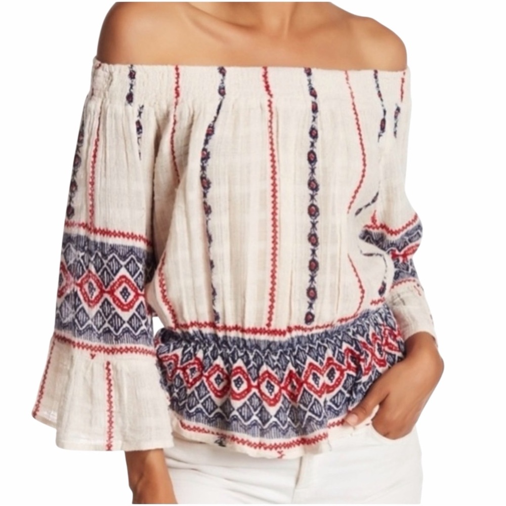 Raga Cream Gauze Amalia Embroidered Smocked Off The Shoulder Top size Small
